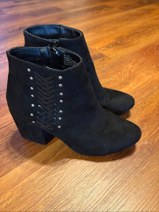 Shoes - Black Suede Ankle Booties with Stud & Lace Accent